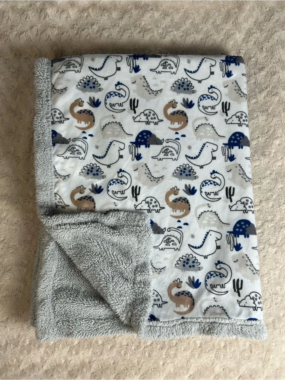 RUNT 1478 Dinosaur Baby Blanket Blue White Gray Sherpa Tan Dino Cactus Lovey